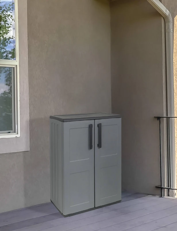 Dmora - Mol Outdoor Wardrobe, Multi-Purpose Balcony Cabinet, Outdoor Cabinet with 2 Doors, 100% Made in Italy, 68 x 37 x 84 cm, Grey and Black Square Finish