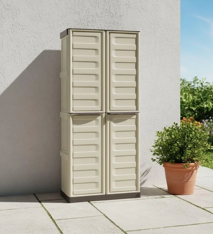 Dmora Avelgem Outdoor, Multipurpose Balcony Cabinet, 2 Door Broom Cabinet, 100% Made in Italy, 70 x 47 x 178 cm, Beige and Brown, Striped Finish, Polypropylene (PP)