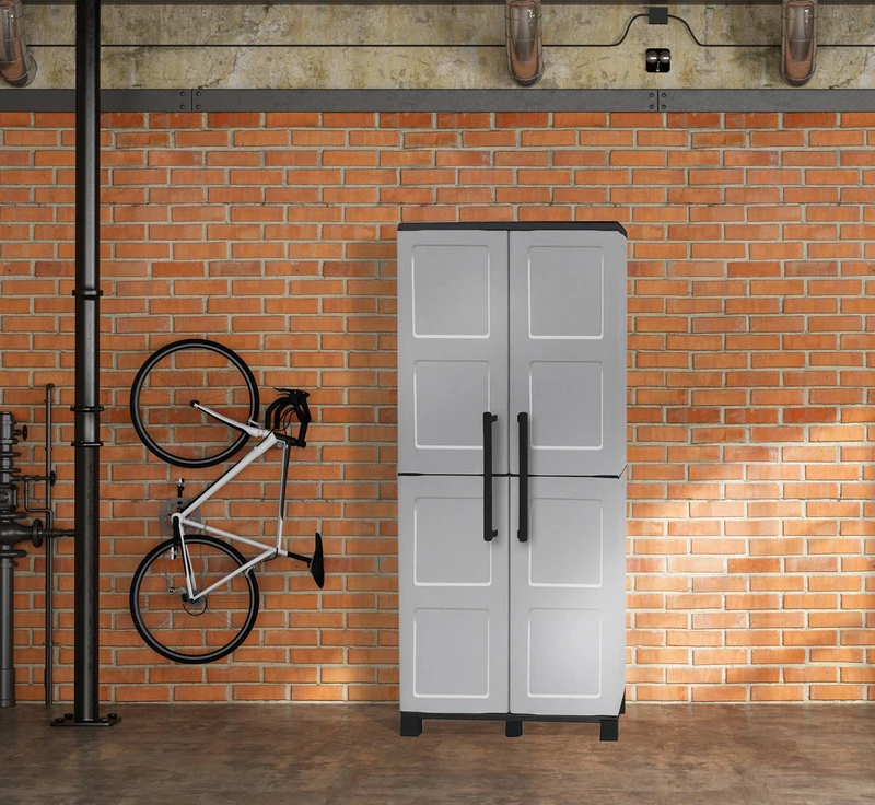 Dmora Verviers Outdoor Wardrobe, Multi-Purpose Balcony Cabinet 2 Doors, 100% Made in Italy, 68 x 37 x 169 cm, Light Grey, Square Finish, Light Grey, Black