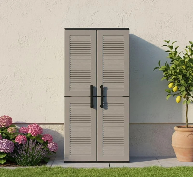 Dmora - Clavier Outdoor Wardrobe, Balcony Cabinet, Multipurpose Wardrobe with Shelves, 100% Made in Italy, 68 x 37 x 163 cm, Grey and Black, Striped Finish