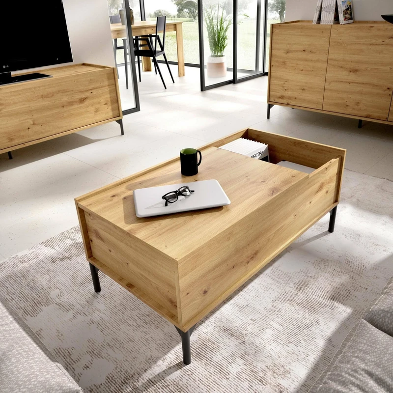 Dmora Cuna Coffee Table, Living Room Magazine Holder with Storage Compartment, Low Elevating Coffee Table, 99 x 60 x 41 cm, Oak Nodi