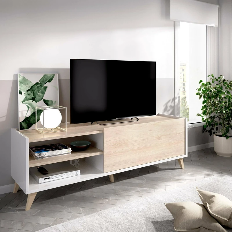 Dmora Asinara TV Stand, Low Sideboard for Living Room, Living Room Sideboard for Television, 155 x 43 x 43 x 47 cm, Oak and White