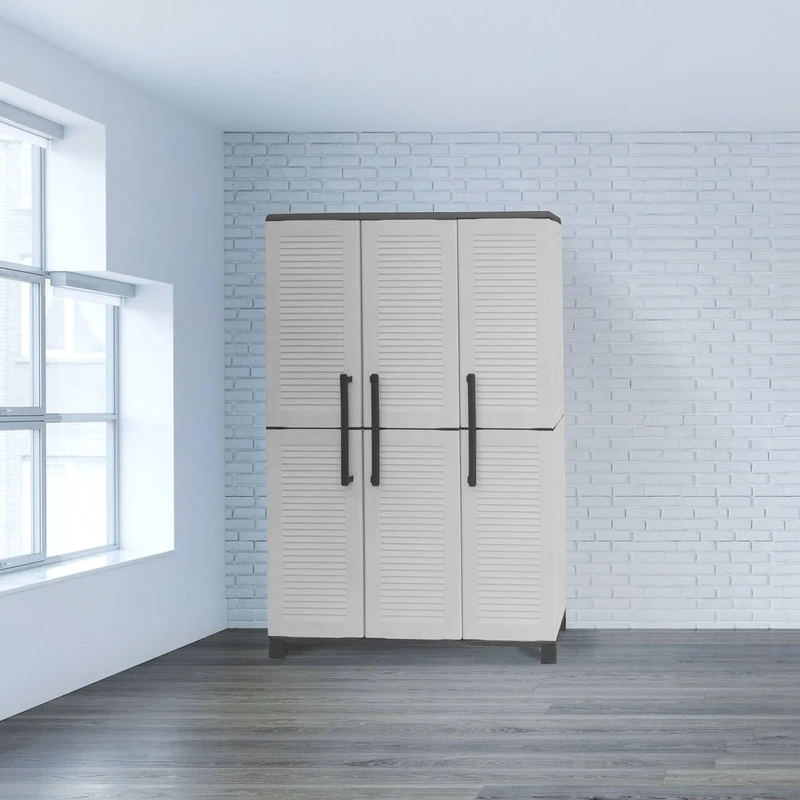 Dmora - Nandrin Outdoor Wardrobe, Broom Cabinet, Outdoor Cabinet 3 Doors, 100% Made in Italy, 102 x 37 x 169 cm, Light Grey and Black, Striped Finish