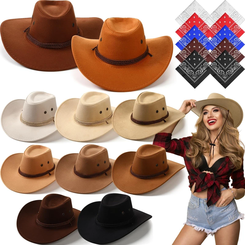 Coume 20 Pcs Cowboy Hats and Bandanas Bulk Adult Cowboy Cowgirl Hats Costume Party Rodeo Birthday Party for Men Woman(Multicolored,Vintage Style)