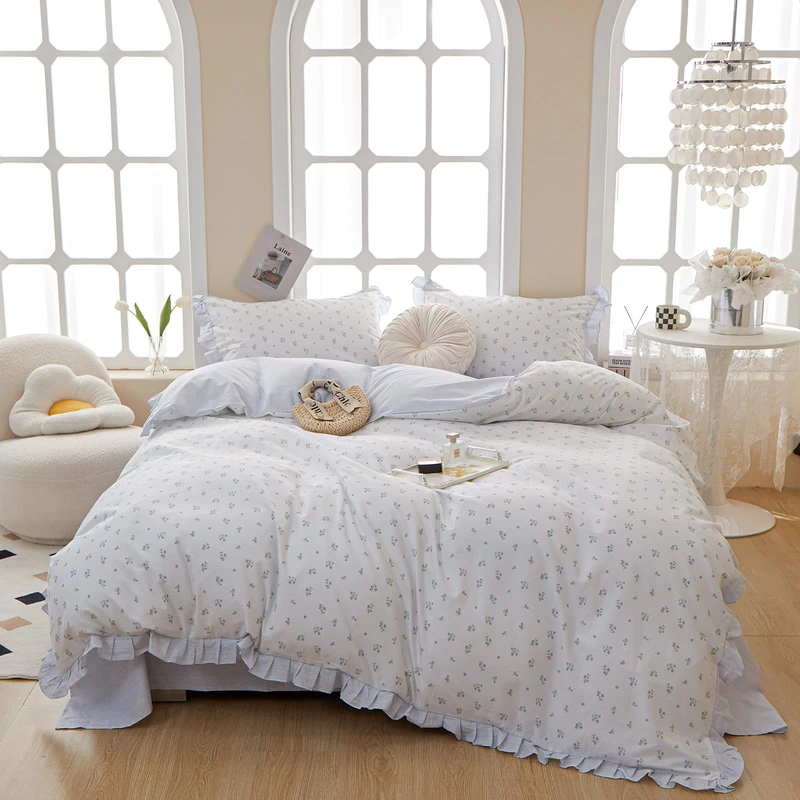 MOTNTD Blue Floral Duvet Cover Set Queen Size, Ruffle Boho Comforter Cover, Coquette Cotton Cozy Lightweight With Zipper, Cute Aesthetic Bedding Set, Duvet Protector
