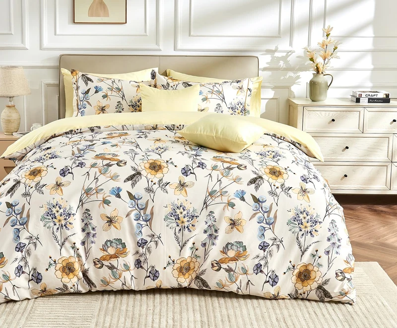 SLEEPBELLA King Size Duvet Cover Set with Button Closure - Blue and Yellow Botanical Luxury Bedding for a Comfortable Sleeping