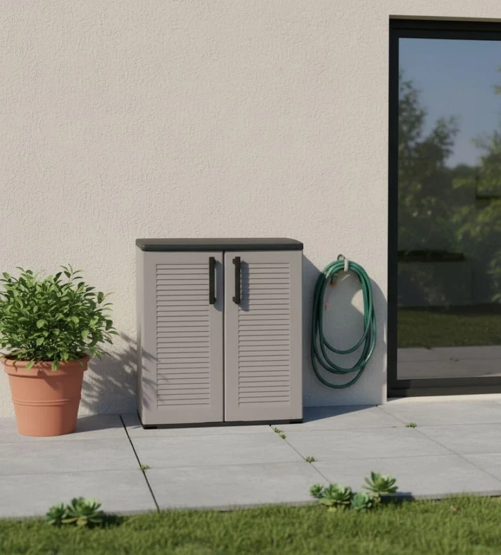 Dmora - Mol Outdoor Wardrobe, Multipurpose Balcony Cabinet, Outdoor Cabinet with 2 Doors, 100% Made in Italy, 68 x 37 x 84 cm, Striped Finish, Grey and Black