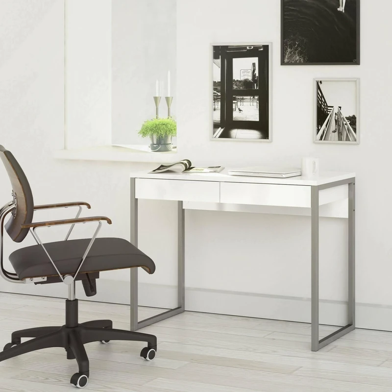 Dmora Linear Desk with Two Drawers, White, 101 x 76.5 x 40 cm