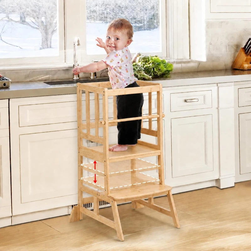 COSYLAND Montessoriana Tower Adjustable Heights, Montessorian Tower for Children in Bamboo, Montessorian Tower Suitable for Ages 1 to 6 Years - Montessorian Ladder for Children - Learning Tower