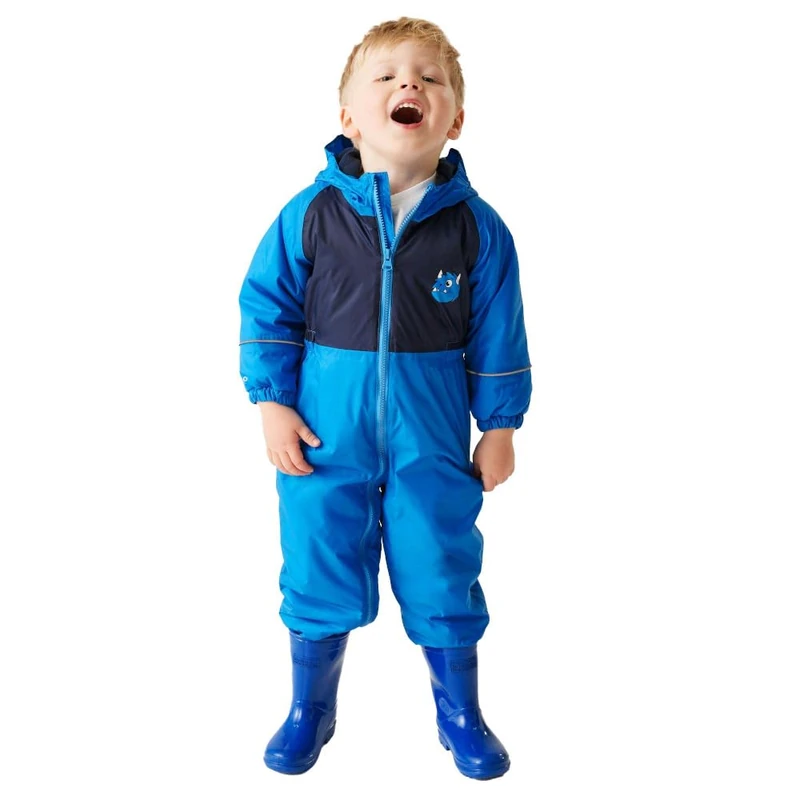 Regatta Kids Mudplay III Waterproof Puddle Suit Hooded Reflective Breathable Rainsuit Blue