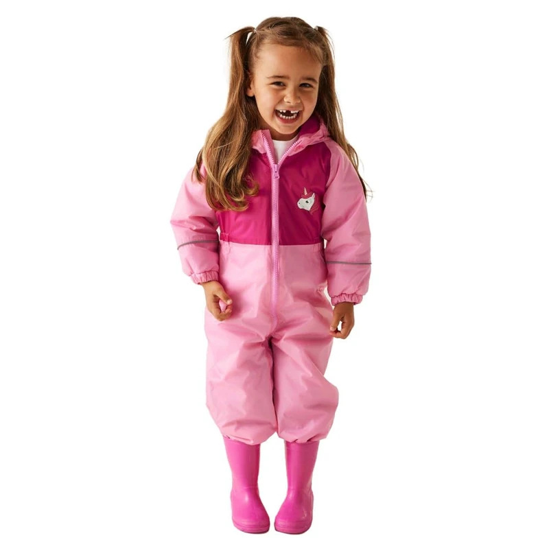 Regatta Kids Mudplay III Waterproof Puddle Suit Hooded Reflective Breathable Rainsuit Pink