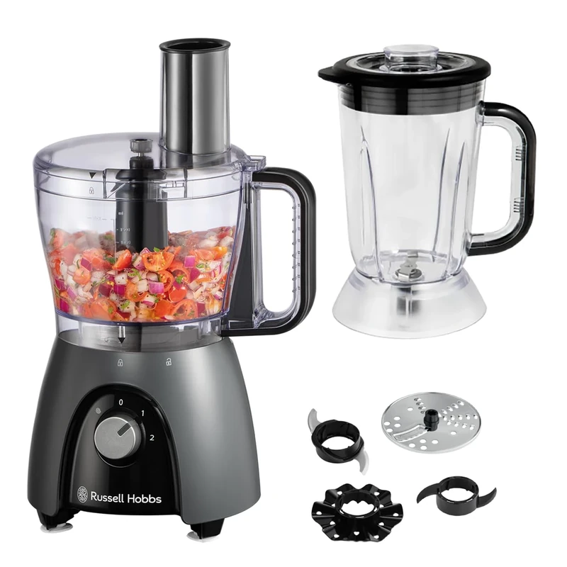 Russell Hobbs Food Processor [Blender/Chopper/Grinder/Vegetable Slicer] Electric Mixer (Kneading, Slicing, Chopping & Shredding, Dishwasher Safe Parts, 900W Peak power) Matte Charcoal 27111