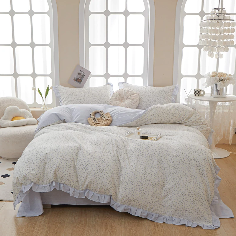 MOTNTD Floral Duvet Cover Queen Size Blue Ruffle Boho Queen Comforter Cover Light Weight Cotton Cute Cozy Duvet Cover Set with 2 Pillow Cases Striped Queen Size Bedding Aesthetic Duvet Protector