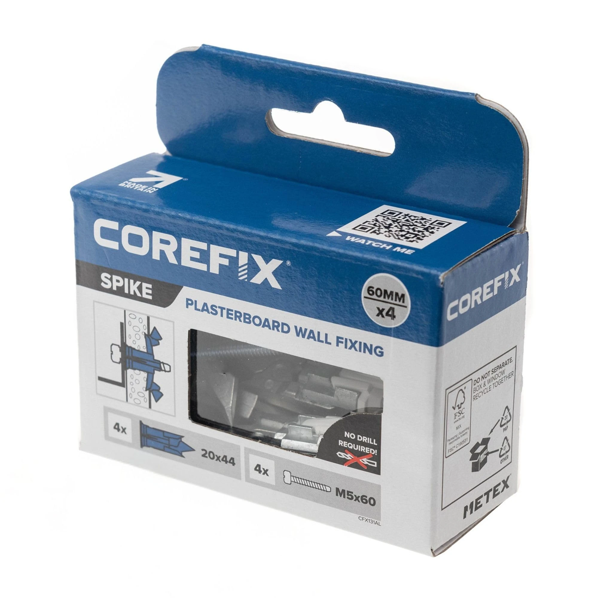 Corefix Spike Heavy Duty Plasterboard Fixings 4 Pack, DIY Kit with M5x60mm Screws. Easy to Install with NO Drill Required. Drywall Anchor, Wall Plug Alternative Suitable for All Plasterboard Types.