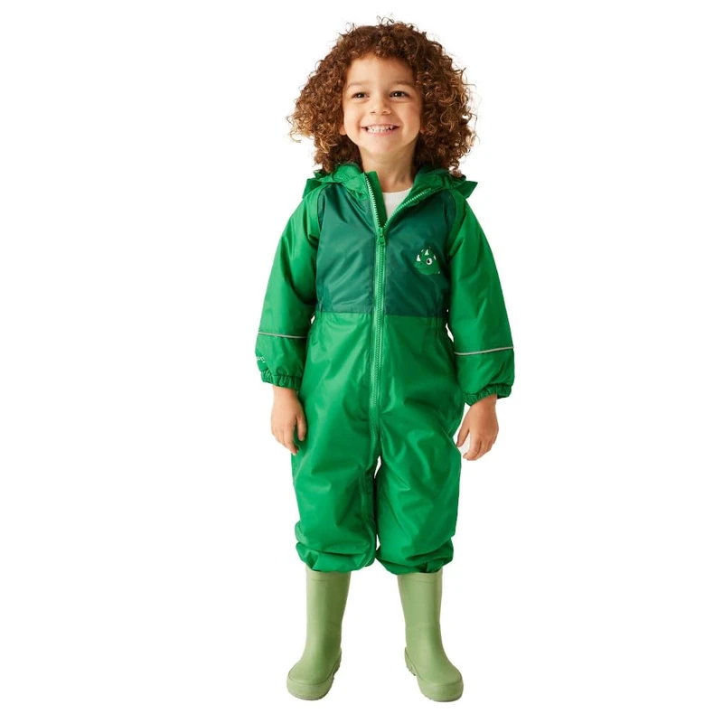 Regatta Kids Mudplay III Waterproof Puddle Suit Hooded Reflective Breathable Rainsuit Green
