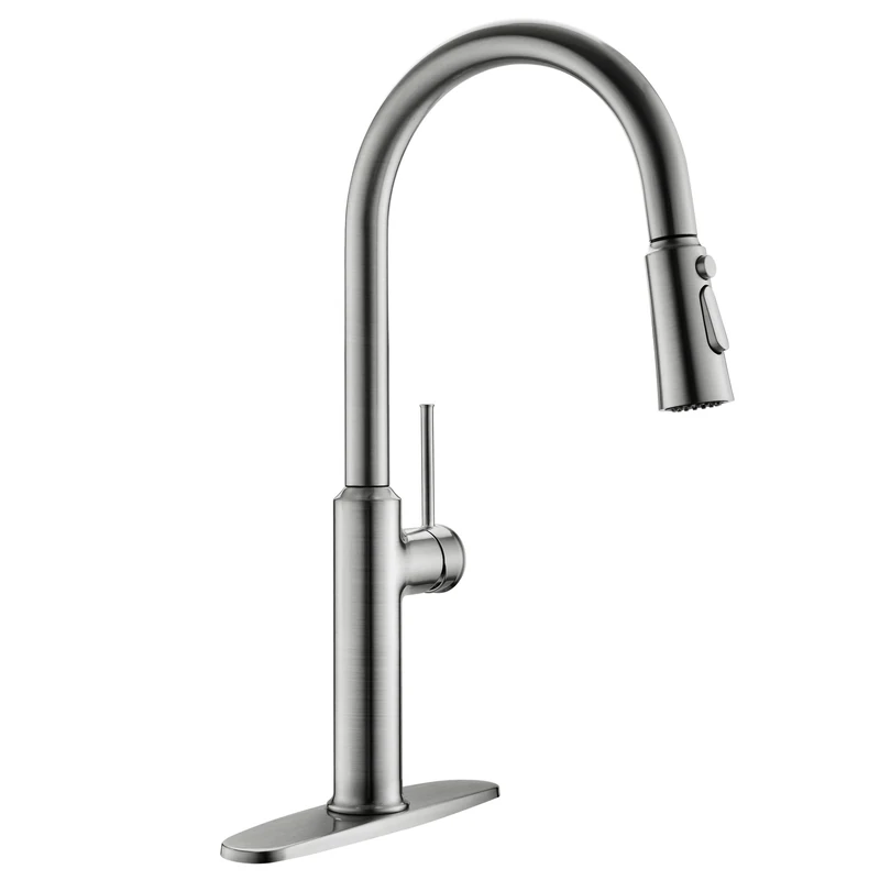 Lavatrum Kitchen Sink Faucets Brushed Nickel High Arc Single Handle Kitchen Faucet with Pull Down Sprayer Solid Brass Kitchen Faucets 19"