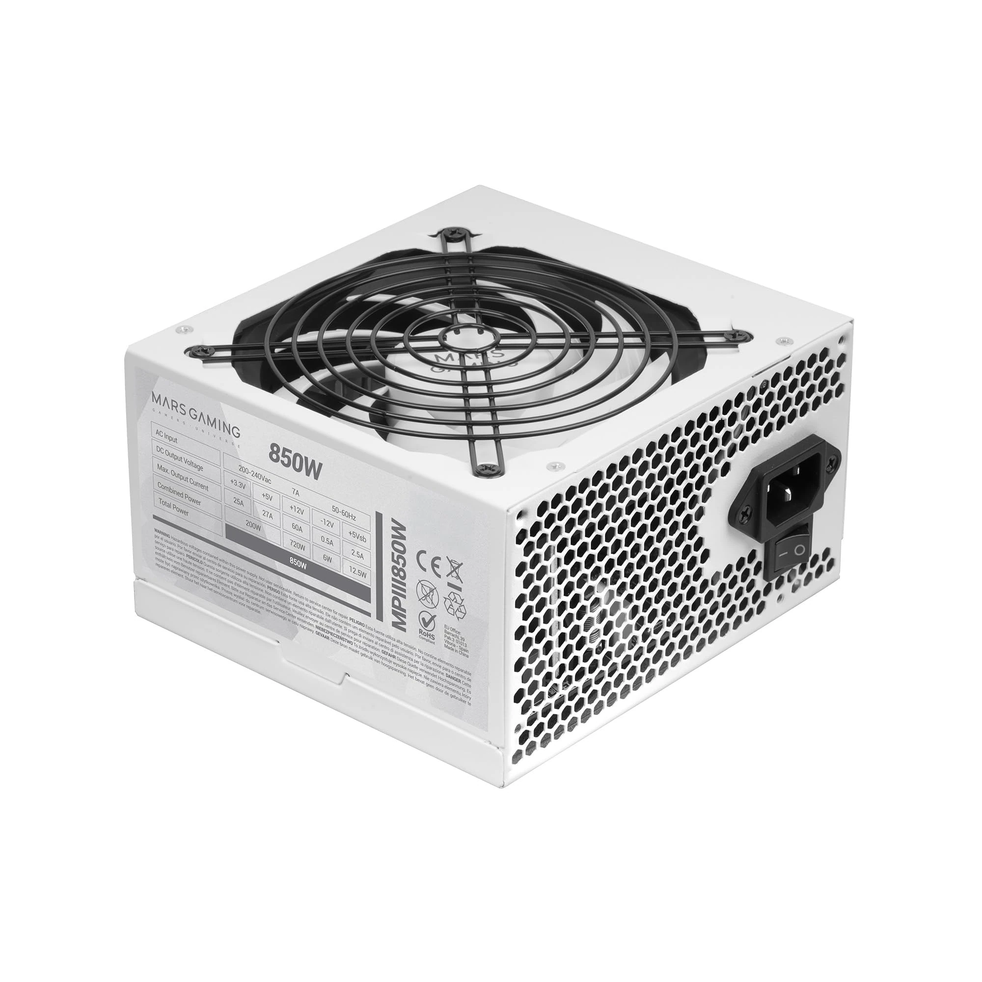 Mars Gaming MPIII850, PC ATX Power Supply 850W, 5-Year Warranty, 85% Efficiency, Digital APFC System, 120mm FDB AI-RPM Fan, DC-DC and SMD Technologies, Extra-Long Flat Cables, White