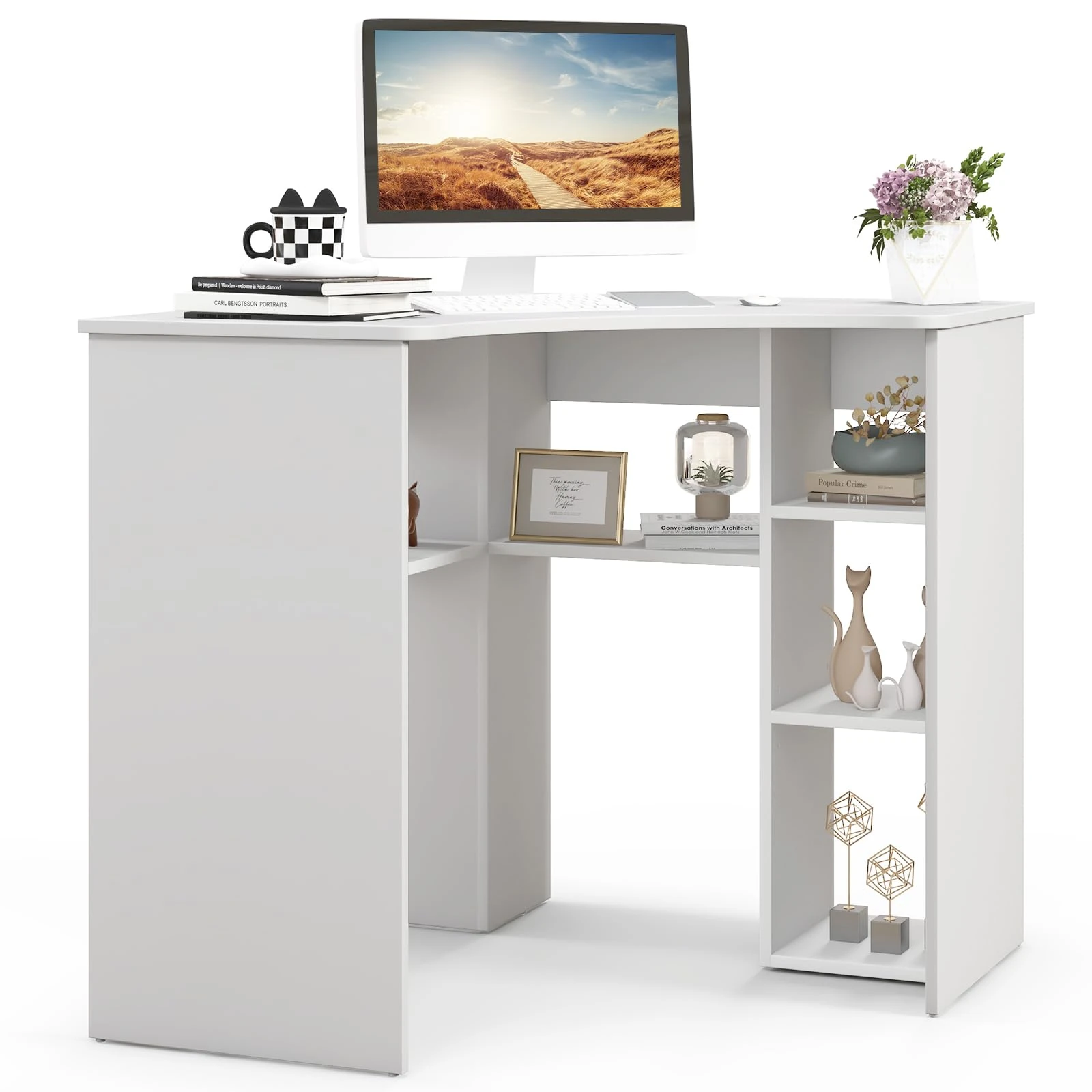 GOFLAME L-Shaped Computer Desk, Corner Study Writing Desk with Storage Shelves, Compact Computer Workstation with Adjustable Shelf for Home Office, White
