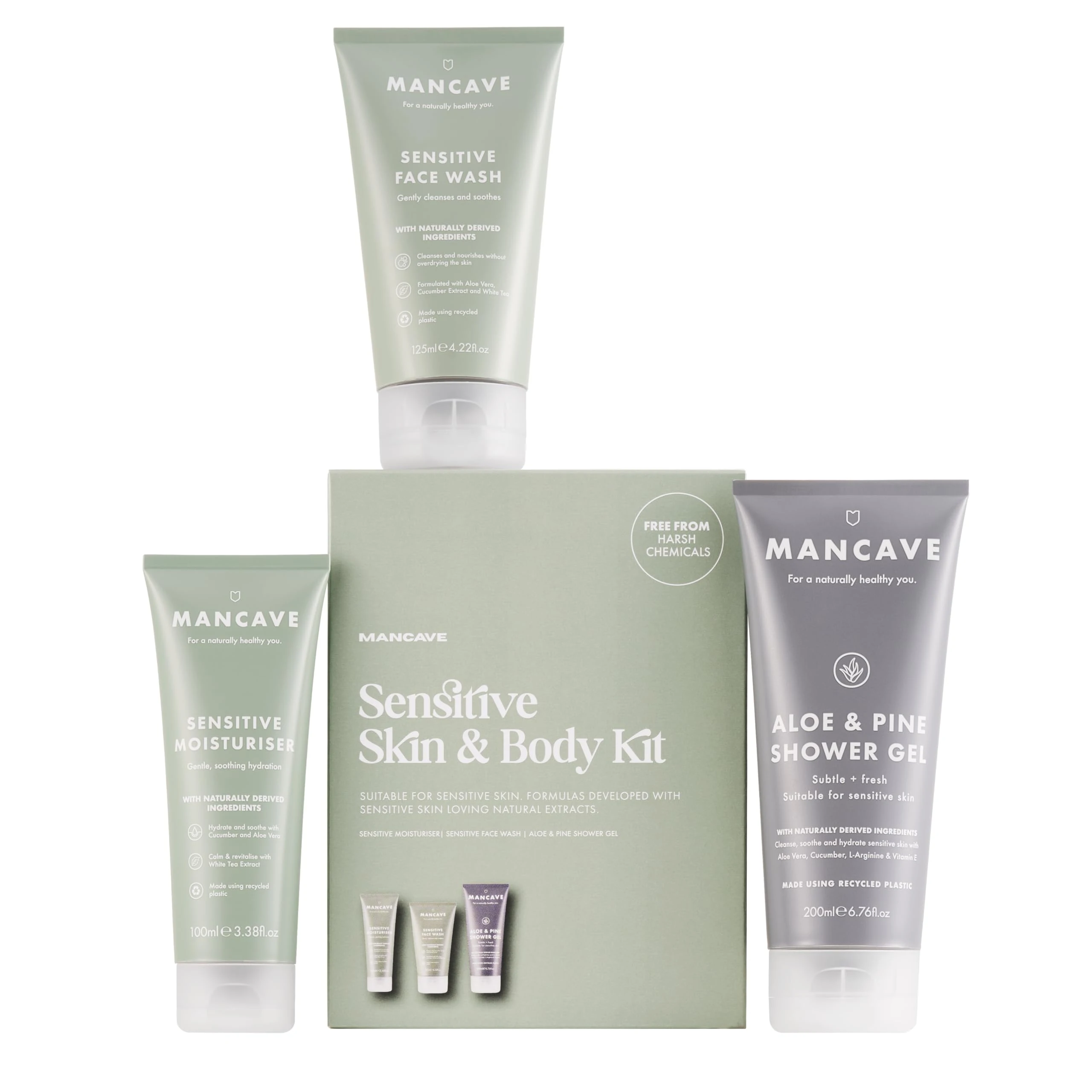 ManCave Sensitive Skin & Body Gift Set, Face Wash, Moisturiser, Shower Gel, Dermatologically Tested, Natural Formulations, Ideal for Travel, Vegan, Made in England, Packaging May Vary