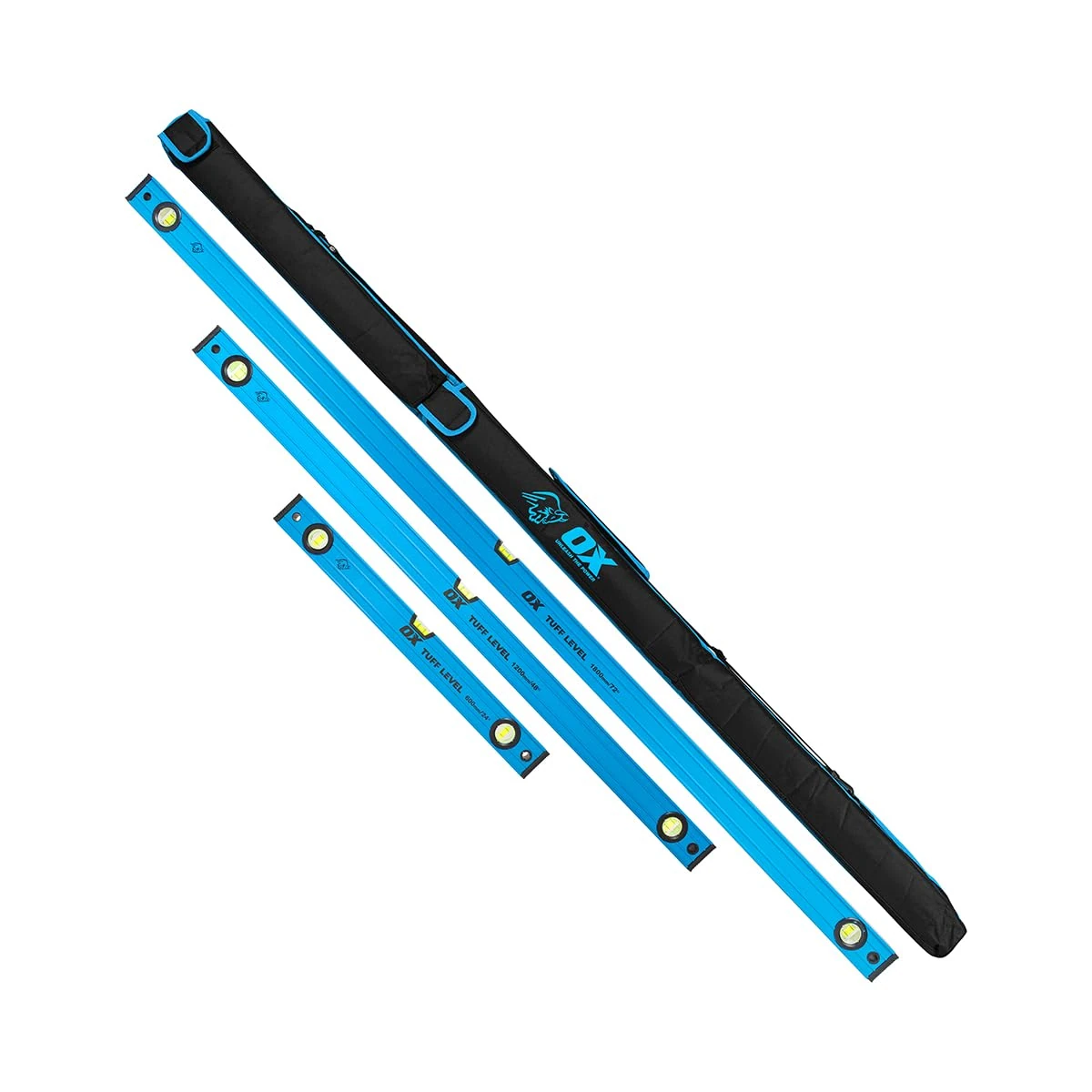OX Pro Tuff 3-Piece Spirit Level Set with Carry Bag - 600mm,1200mm, 1800mm, Heavy Duty Aluminium with Shock-Resistant Rubber End Caps, 3 Ultra Precision Vials, Easy-Clean, Clog-Free Design, OX-P506803
