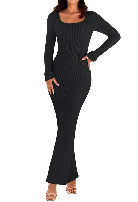 MEROKEETY Women's 2025 Fall Long Sleeve Square Neck Bodycon Maxi Dresses Ribbed Knit Long Sweater Dress, Black, S - Image 1