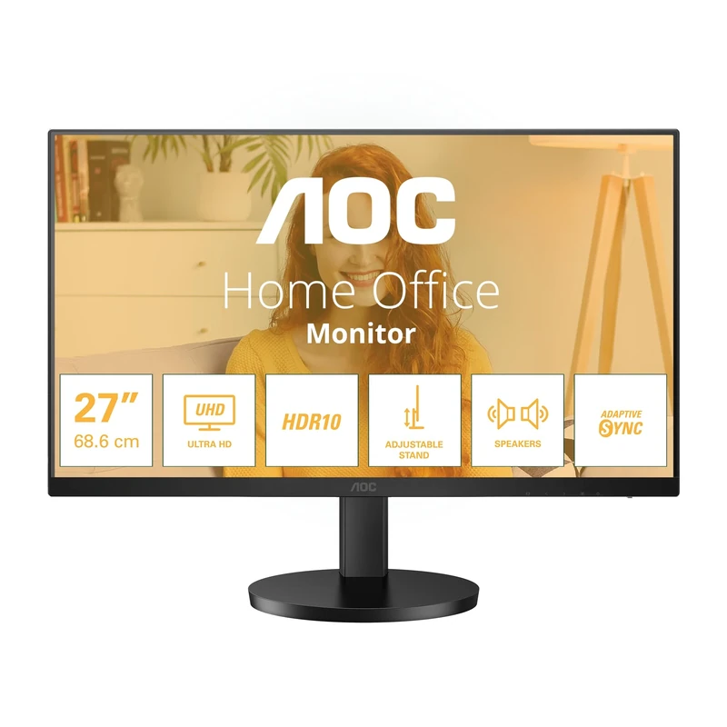 AOC U27B3AF - 27 Inch UHD 4K, 60Hz, IPS, 4ms, HDR10, Height Adjust stand, 3 side Frameless, Speakers, LowBlue Light, FlickerFree (3840 x 2160,350 cd/m2, HDMI 2.0 / DP 1.4)