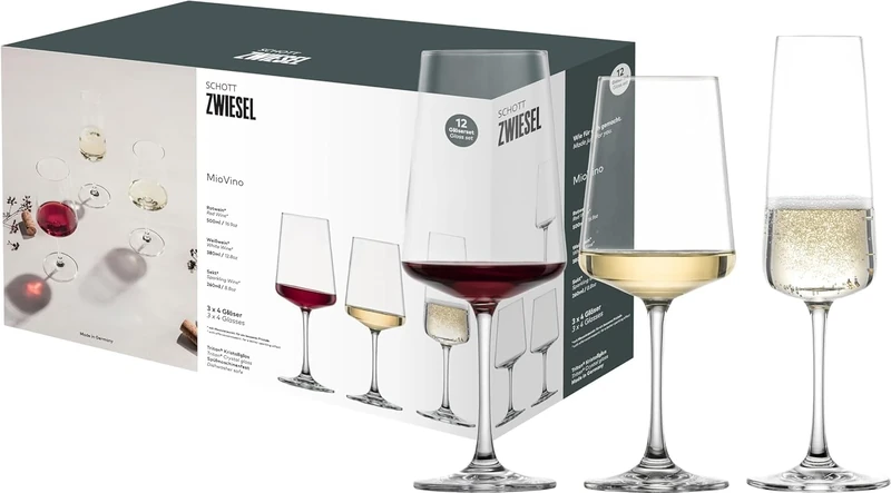Schott Zwiesel MioVino Glasses Starter Set (Set of 12), Modern Wine Glasses and Champagne Glasses in a Set, Dishwasher-Safe Tritan Crystal Glasses, Made in Germany (Art. no. 124072)