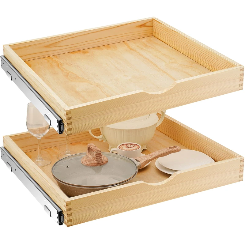 Menkxi 2 Set Pull out Tray Cabinet Organizer Wooden Pull Drawers storage Slide out Pantry Shelf for Base Cabinet Kitchen Gentle Close Fully Assembled Accessories(Wood Color,24'' X 21'' X 3'')