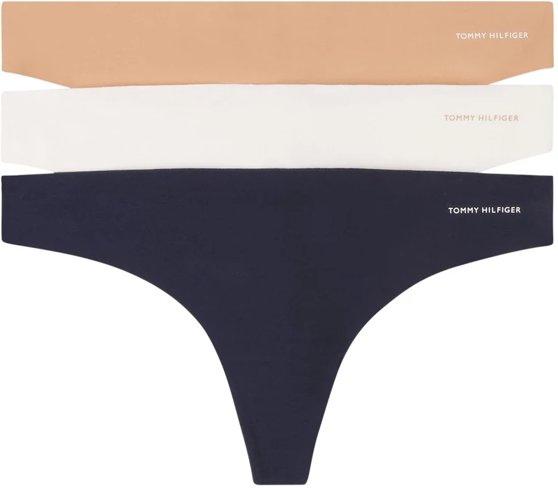 Tommy Hilfiger Women's 3 Pack Seamless Thongs, Multicolor (Ivory/Misty Blush/Navy), L