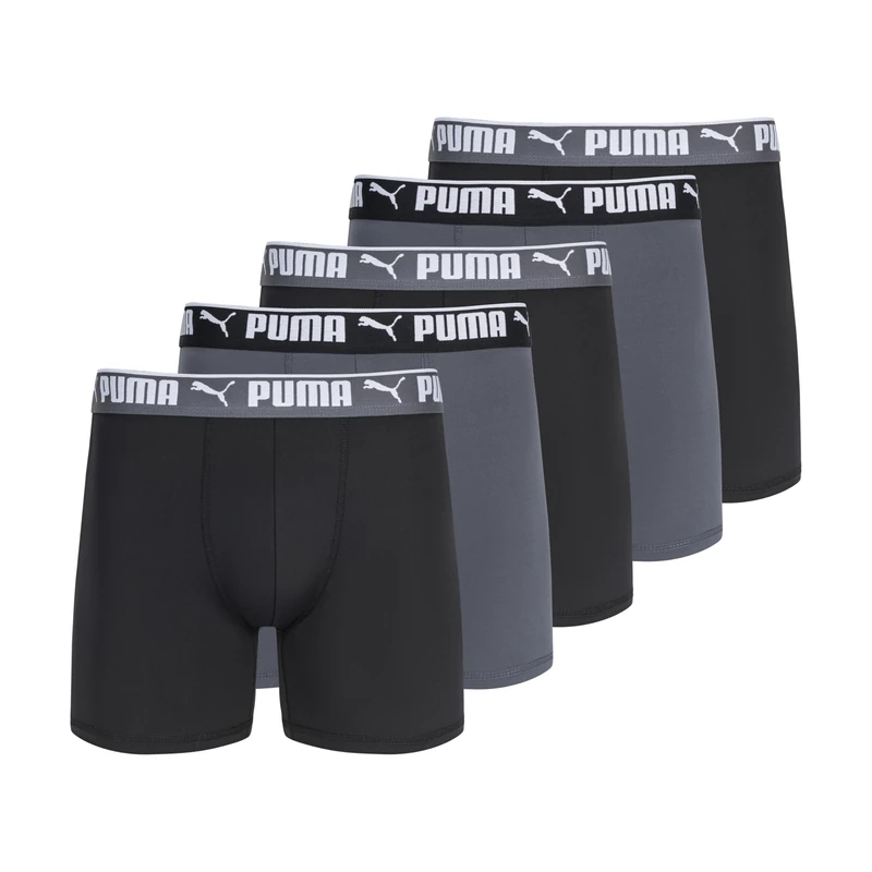 PUMA Men's 5 Pack Performance Boxer Briefs, Black/Grey, S