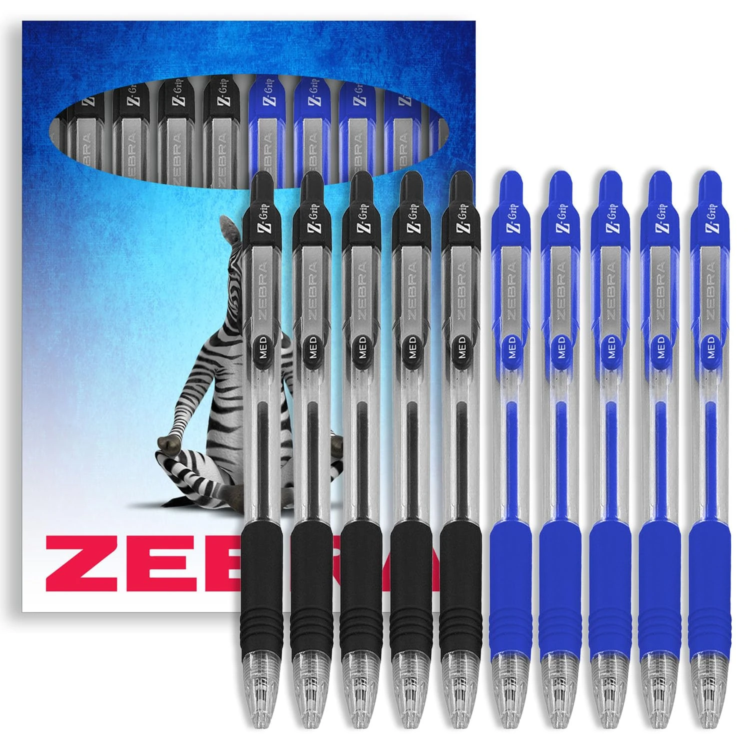 Zebra Z-Grip Retractable Ballpoint Pen - 0.7mm Nib - Black & Blue Ink - Pack of 10 - In Cardboard Wallet