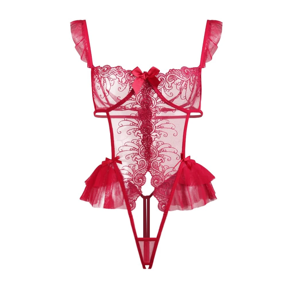 VicSec Women Bodysuit Lace Half Cup One Piece Teddy Sexy Strappy Ruffle Lingerie High Cut Babydoll Nightwear Floral Hollow Leotard Jumpsuit Outfit Top Sleepwear for Valentine Club Party Wear (Red)