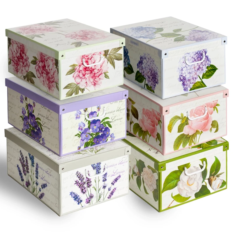 Lavatelli 6-Pack Cardboard Storage Boxes with Lids – Foldable Closet Organiser for Clothes, Linens & Toys – Decorative Floral Design – Space-Saving Wardrobe Box Set – 50x40x25 cm (19.7x15.7x9.8 in)