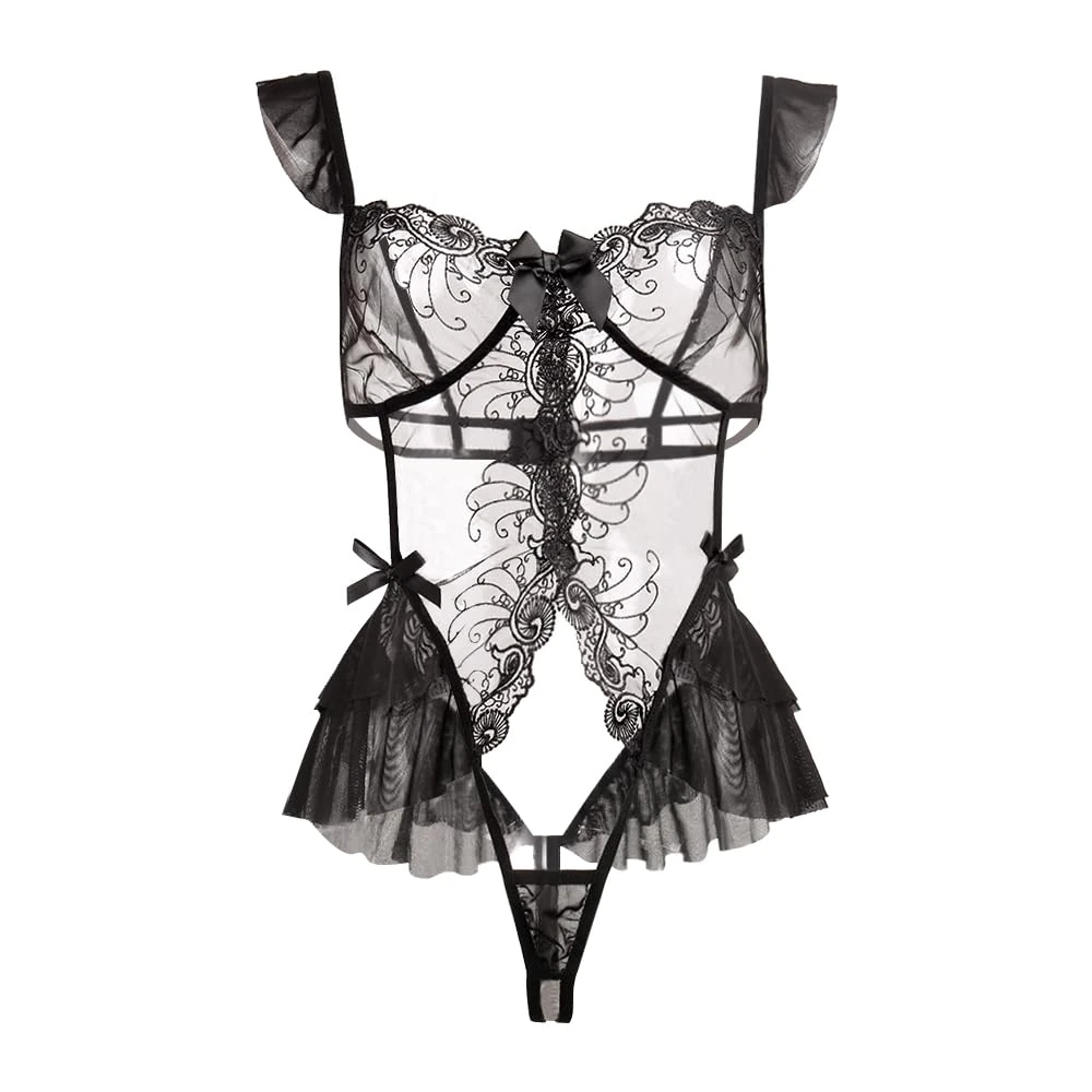 VicSec Women Bodysuit Lace Half Cup One Piece Teddy Sexy Strappy Ruffle Lingerie High Cut Babydoll Nightwear Floral Hollow Leotard Jumpsuit Outfit Top Sleepwear for Valentine Club Party Wear (Black)