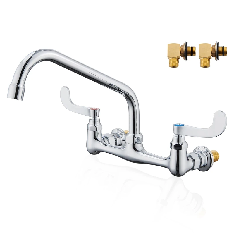 Wall Mount Commercial Sink Faucet Long Handles Wall Mounted Kitchen Faucet 8 Inches Center Swivel Spout for Utility Laundry Room Restaurant Sink, 10" Spout