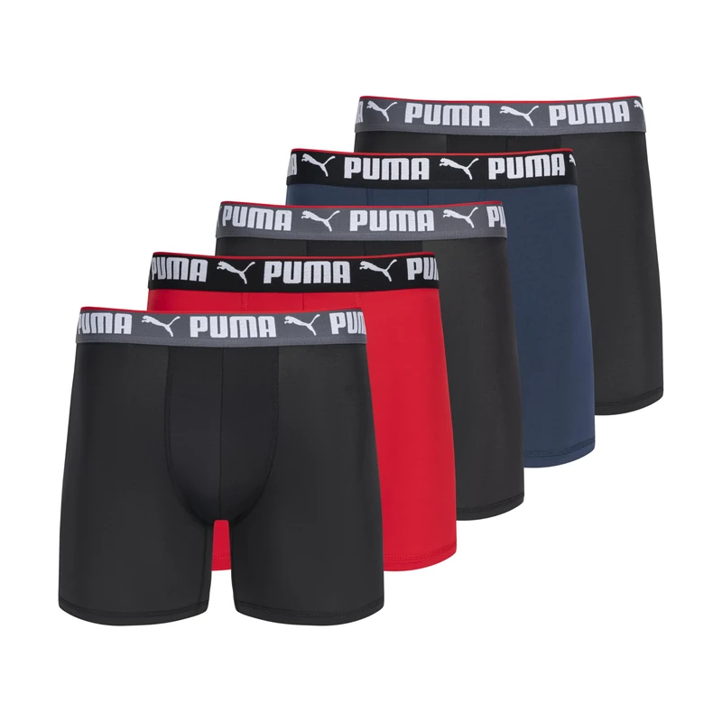 PUMA Men's 5 Pack Performance Boxer Briefs, Navy/Red/Black, XL