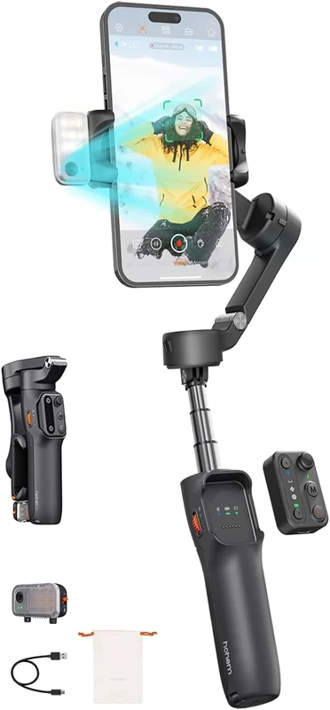 Hohem iSteady V3 Portable Phone Stabilizer with AI Tracker, Detachable Remote, Extension Rod/Tripod, 3-Axis Stabilization, 3-Color Fill Light