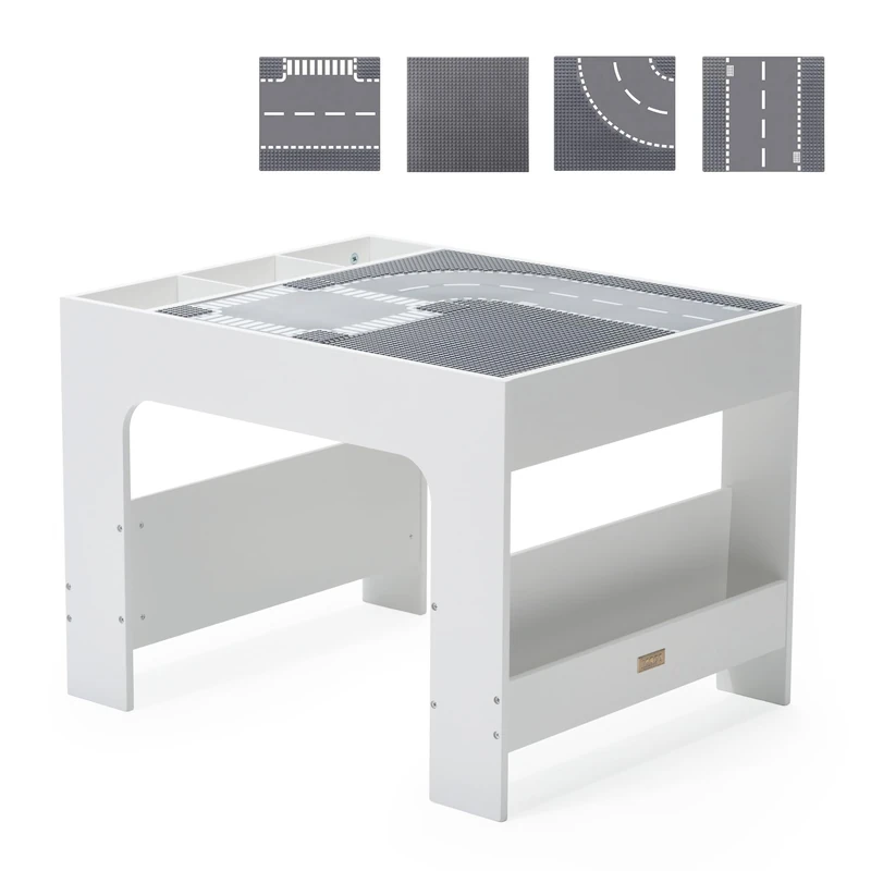 Hooga Kids Activity Table Wooden Storage Table for Toddler, with FREE 4PCs City Street Baseplates, Construction Play Table with Storage, Bookshelf and Blackboard