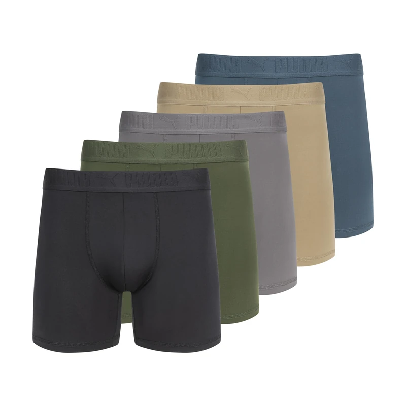 PUMA Men's 5 Pack Performance Boxer Briefs, Olive/Blue/Black, S
