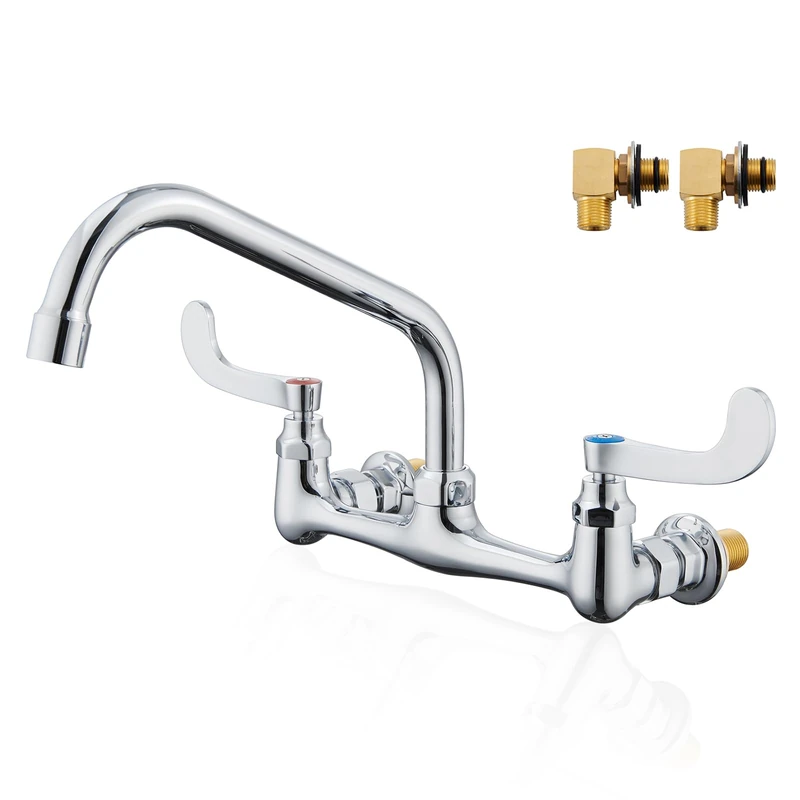Wall Mount Commercial Sink Faucet Long Handles Wall Mounted Kitchen Faucet 8 Inches Center Swivel Spout for Utility Laundry Room Restaurant Sink, 8" Spout