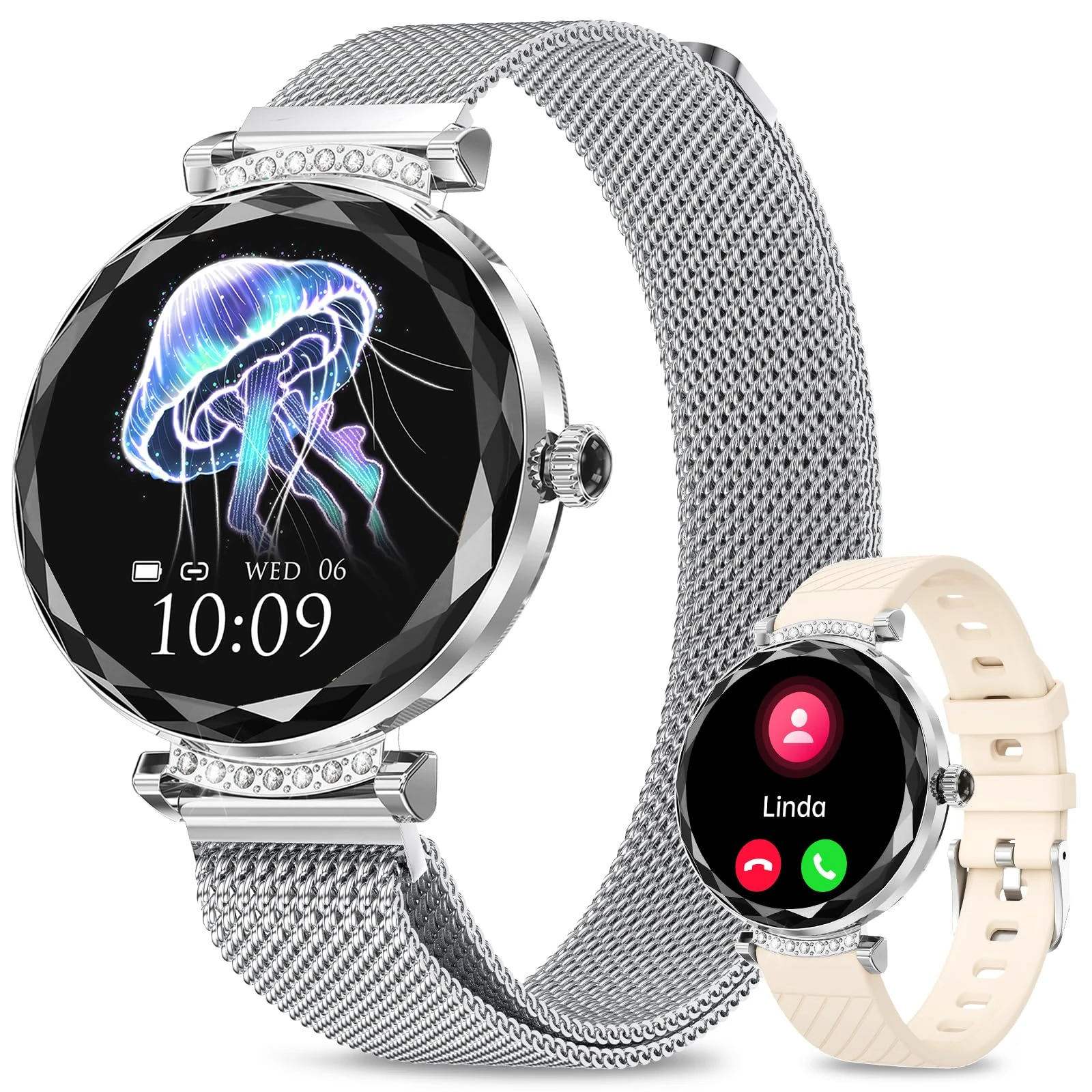Smart Watch for Women,1.19" AMOLED Women Smart Watch With Bluetooth Call,100+ Sports Modes,Heart Rate/Blood Pressure/SpO2 Monitor,IP68 Waterproof,Fitness Tracker,Smartwatch for Android/iOS Silver