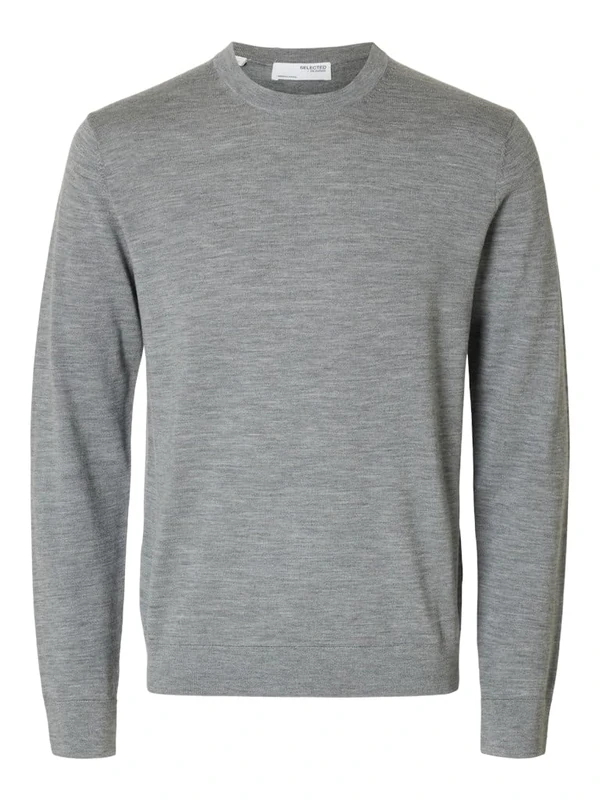 Selected Homme Male Crew Neck Jumper 100% Merino Wool, Medium Grey Melange, M