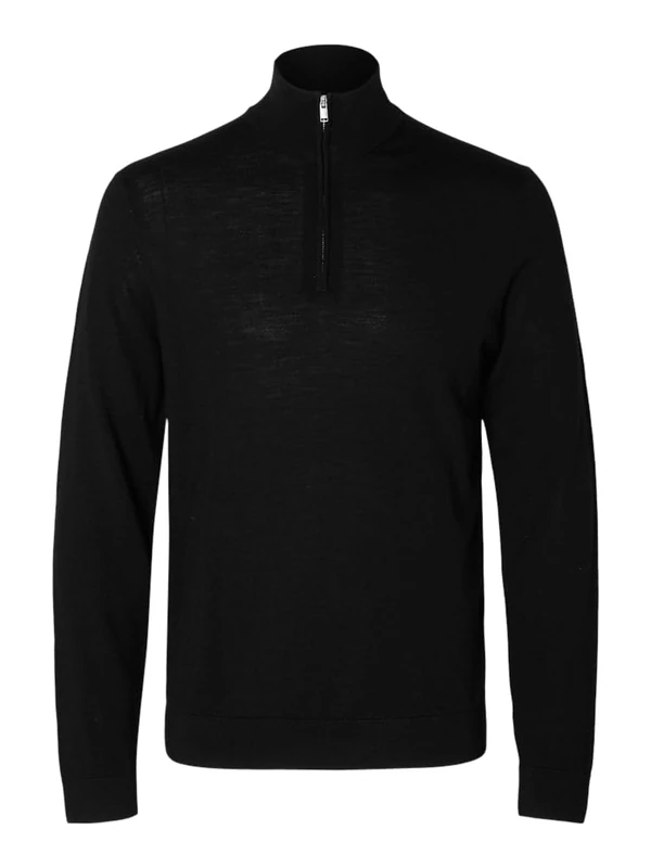 SELECTED HOMME Male Half-Zip Pullover 100% Merino Wool, Black, S