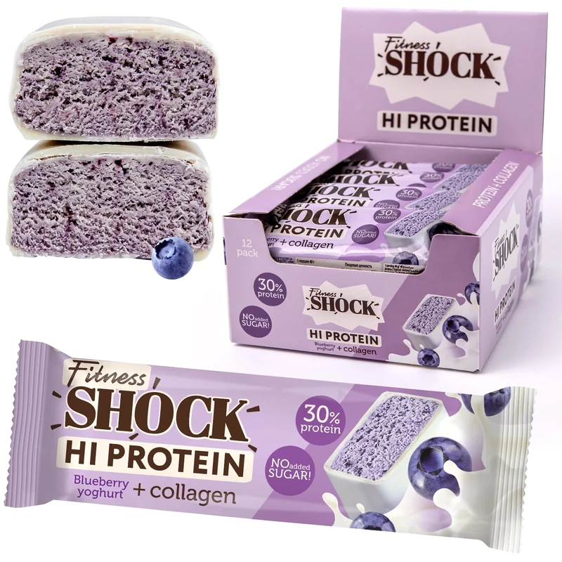 FitnesSHOCK High Protein Bars, 12g Protein, Low Carb, No Added Sugar, Low Calorie 138kcal 5g collagen, Fiber-Rich, Blueberry Yogurt Flavor 12x40g