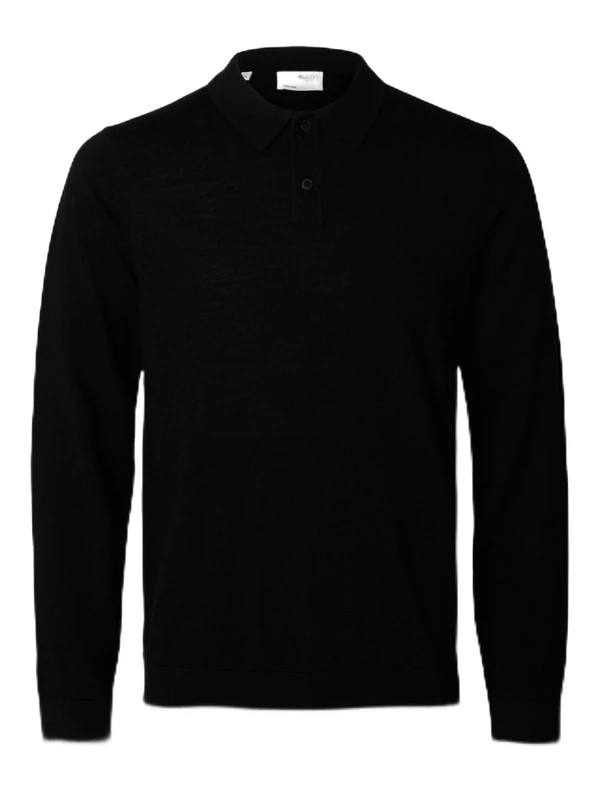 SELECTED HOMME Men's Slhtray LS Knit Merino Polo Noos Pullover, Black, S