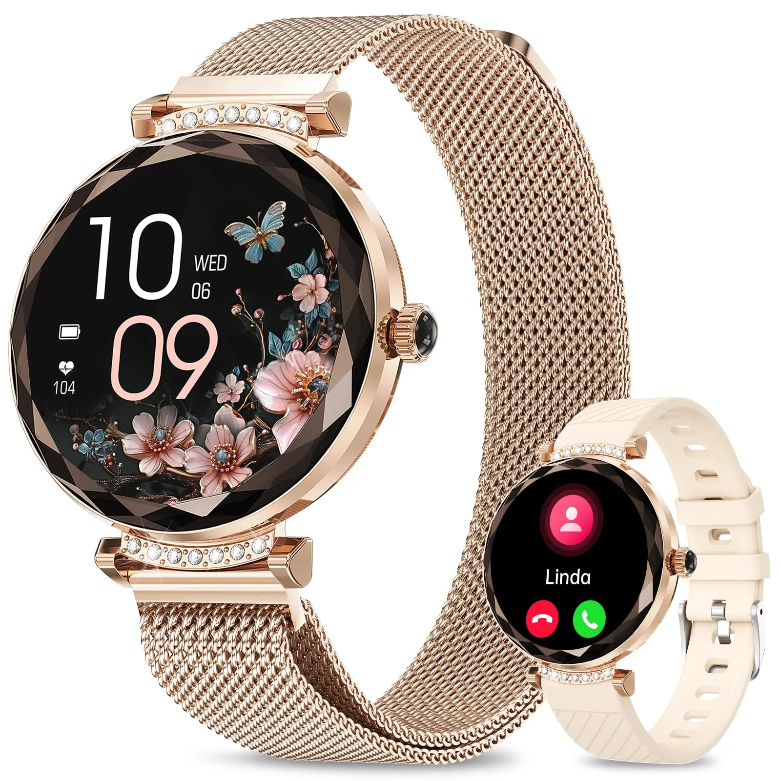 Smart Watch for Women,1.19" AMOLED Women Smart Watch With Bluetooth Call,100+ Sports Modes,Heart Rate/Blood Pressure/SpO2 Monitor,IP68 Waterproof,Fitness Tracker,Smartwatch for Android/iOS Rose Gold