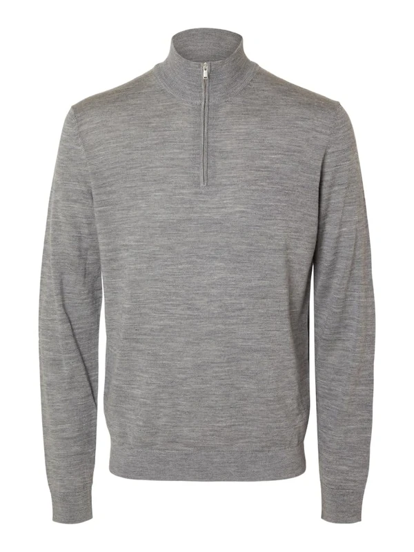 Selected Homme Male Half-Zip Pullover 100% Merino Wool, Medium Grey Melange, XXL