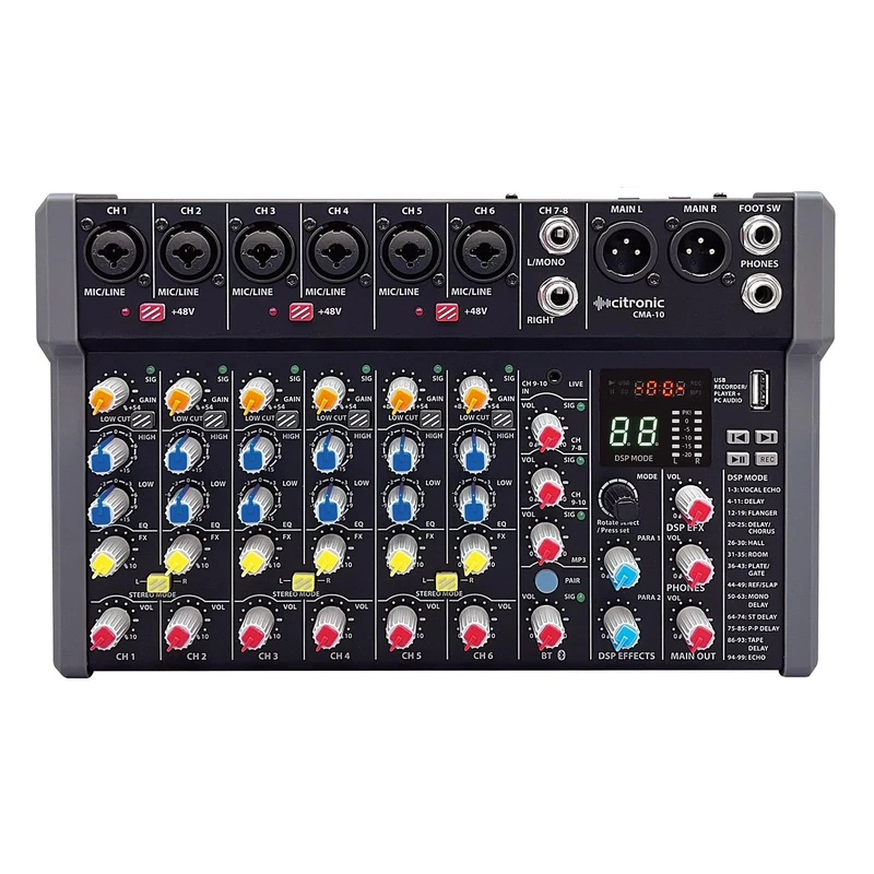 Citronic | CMA-10 Series Compact Mixer Audio Mixing Console: 99 Adjustable Digital Effects, Bluetooth Receiver, USB mp3 Audio Player/Recorder & More | 6 Mono + 2 Stereo