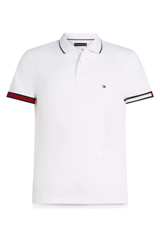 Tommy Hilfiger Men’s Short Sleeve Flag Cuff Slim Fit Polo Shirt, White (White), XXL