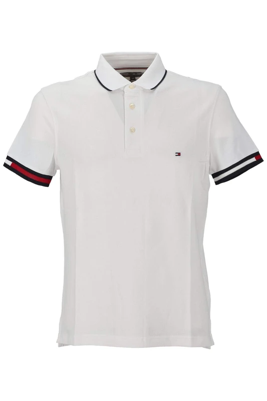 Tommy Hilfiger Men’s Short Sleeve Flag Cuff Slim Fit Polo Shirt, White (White), S